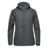 A women's wind jacket in dark green, featuring a hood and a front zipper. It has a logo on it.