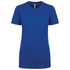 A blue women's boyfriend tee, featuring a classic crew neck and short sleeves, with a logo on the label.