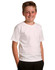 A white children's T-shirt displayed on a smiling boy, featuring short sleeves and a simple design.