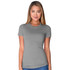 A woman is wearing a grey women's tri-blend crew t-shirt. The shirt features a fitted design and a slight stretch.