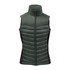 A green women's thermal vest with a high collar and padded design, featuring black side panels and a front zipper.