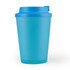 A reusable coffee cup in a translucent blue design with a matching lid. Features a logo.