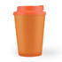 An orange reusable coffee cup with a comfort lid and a smooth finish. It features a logo on the side.