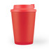 A reusable coffee cup with a red body and matching comfort lid, designed for easy sipping.