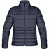 A women's puffy jacket in navy blue with a high collar and zippered pockets, featuring a logo on the side.