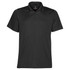 A black polo shirt featuring a classic collar and three buttons, with a logo on the neck.