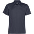 A dark navy polo shirt with a collar and short sleeves, featuring a logo on one sleeve.