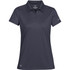 A women's polo shirt in dark grey with a collar and a logo on the hem.