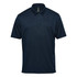 A navy blue men's short sleeve polo shirt with a collar and a logo on the chest.
