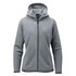 A women's grey fleece hoody with a zip front, hood, and long sleeves, featuring a branding logo.