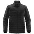 A black quilted jacket with a zip front, featuring a minimalist design and long sleeves. It has a logo on the side.