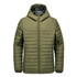 A green quilted hoody with a zip front and a hood, featuring a simple design and soft material.