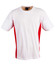 A short sleeve t-shirt featuring a white body with red contrast panels and a logo on the tag.