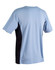 A short sleeve tee in light blue with black side panels, featuring a logo on the back.