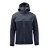A dark grey rain jacket with a hood, featuring zippered pockets and a sleek design. It has a branding logo on it.