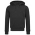 A black men's active sweat hoody featuring a front pocket and adjustable drawstring hood. Includes a logo.