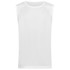 A white sleeveless active shirt with a mesh design, featuring a logo on the side.