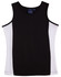A black and white ladies singlet with a contrast design and a branding label inside.