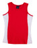 A red singlet with white side panels, featuring a branding logo on the label.