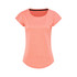 A women's short-sleeve t-shirt in a vibrant coral colour, featuring a subtle striped pattern and a branding logo.