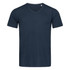 A navy blue men's t-shirt with a V-neck design. The shirt features a small logo on the neckline.