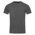 A grey crew neck t-shirt with short sleeves, featuring a subtle logo.