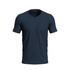 A navy blue V-neck men's T-shirt with short sleeves and a fitted design. It features a brand logo.