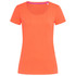A women's crew neck t-shirt in vibrant orange with short sleeves and a scoop neckline, featuring a logo.