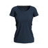 A women's crew neck t-shirt in navy blue with a fitted design and short sleeves, featuring a branding logo.
