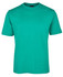 A green T-shirt with short sleeves and a classic crew neck, featuring a logo on the collar.