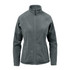 A green women's fleece jacket featuring a high collar and zip front, with side pockets and a logo.