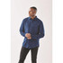 A long sleeve, button-up shirt in navy blue with a pocket and a logo on the chest.
