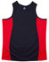 A singlet featuring a navy body with red contrast panels and a logo. Suitable for kids' wear.