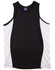 A black and white kid's singlet with contrast mesh panels, featuring a logo on the label.