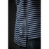 A navy blue and white striped men's crew neck tee with a side vent detail. It features a logo.