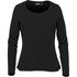 A black long-sleeve women's t-shirt with a scoop neckline and fitted style. It has a logo on the label.