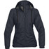 A dark navy women's rain jacket featuring a hood, zip closure, and elastic cuffs, with a branded logo.