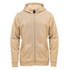 A beige men's fleece full zip hoodie with a hood and front pockets, featuring a logo.