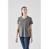 A woman wearing a grey short sleeve performance tee, featuring a rounded neckline and a slightly relaxed fit.