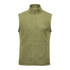 A green fleece vest with a high collar and zip front, featuring side pockets and a logo.