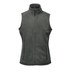 A women's fleece vest in a green hue, featuring a high collar and two side pockets. It includes a logo.