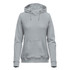 A grey women's pullover hoodie featuring a front pocket and drawstring hood. It has a subtle texture and includes a logo.
