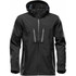 A black men's softshell jacket with a hood, featuring zippered pockets and a sleek design.