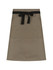 A waist apron in olive green with a black tie waist and two front pockets. It has a simple design and includes branding.