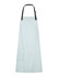 A light blue bib apron with a black strap and a front pocket, featuring a logo.