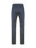 A pair of navy men's chino pants featuring a flat front and two back pockets, with a simple logo present.