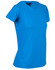 A blue women's t-shirt with a fitted design and a logo on the fabric.