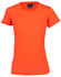 An orange stretch t-shirt featuring a round neck and short sleeves, with a logo on the inside label.