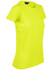 A bright yellow ladies' T-shirt with a fitted design and textured side panels, featuring a logo.