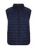 A navy puffer vest for men featuring a zip front and two side pockets, with a branding logo.